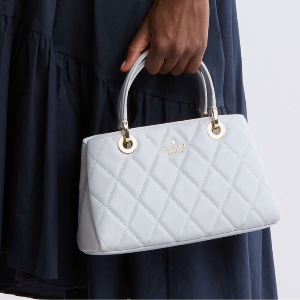 KATE SPADE Satchel Leather Quilted Handbag White Stone Path Light Grey Purse - Picture 3 of 15